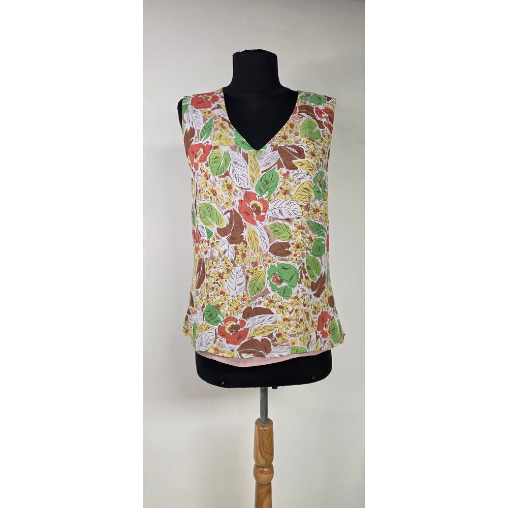 Pendleton 100% Silk Floral Blouse M Lined V Neck Sleeveless Botanical 0089